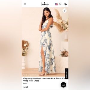 Lulus elegantly inclined cream and blue floral print wrap maxi dress